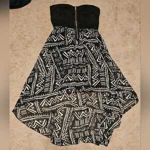 Black & White Aztec Tribal Print High Low Asymmetrical Strapless Dress